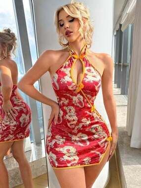 Sexy Chinese Dress Halter Mini Dress with Yellow Trim - Red White Dragon Medium